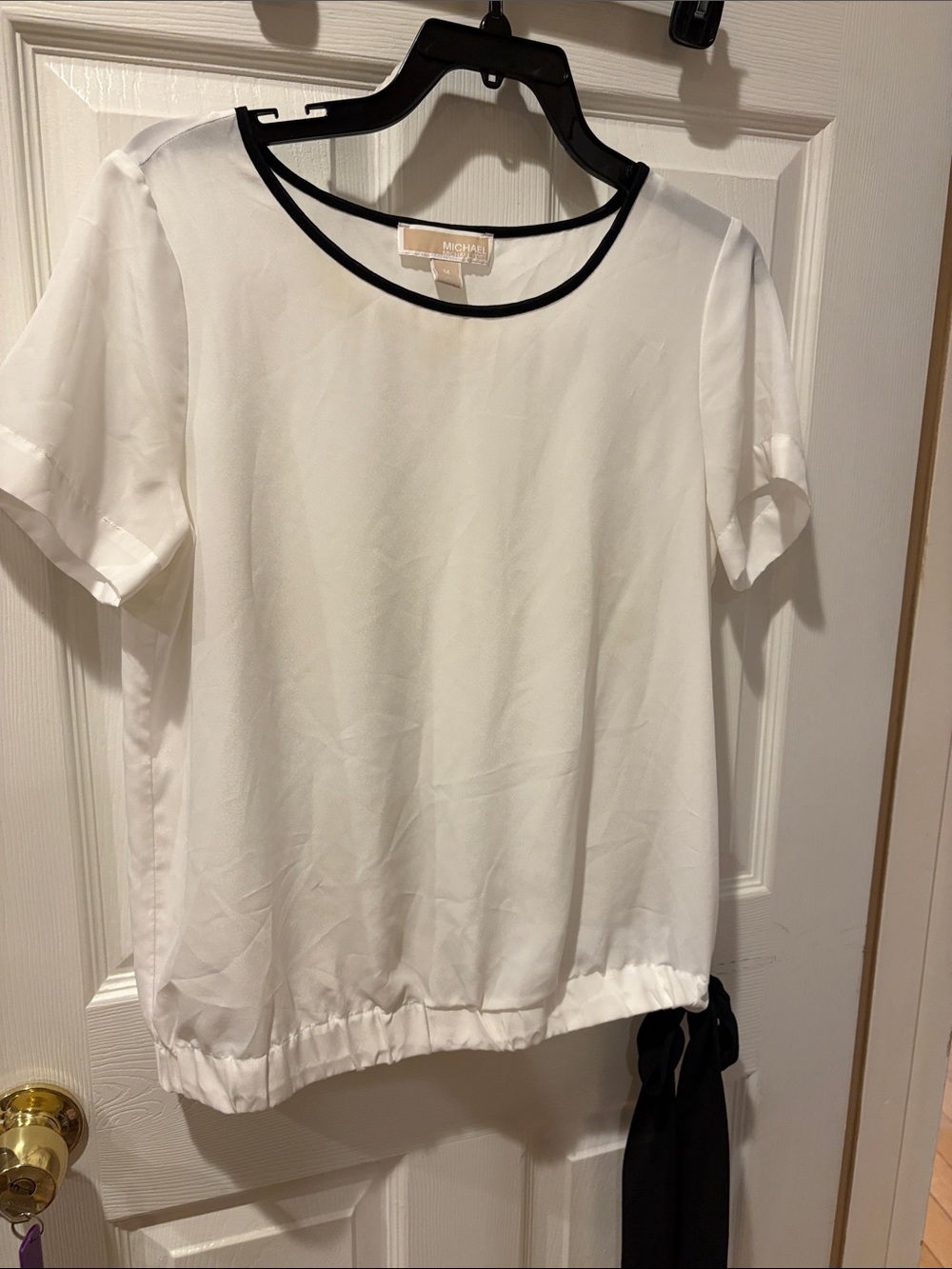 MICHAEL Michael Kors White Short-Sleeve Blouse with Black Trim and Side Tie